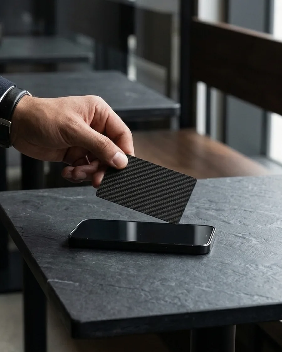 Tarjeta NFC negra con textura de tejido, sostenida sobre una mesa junto a un teléfono