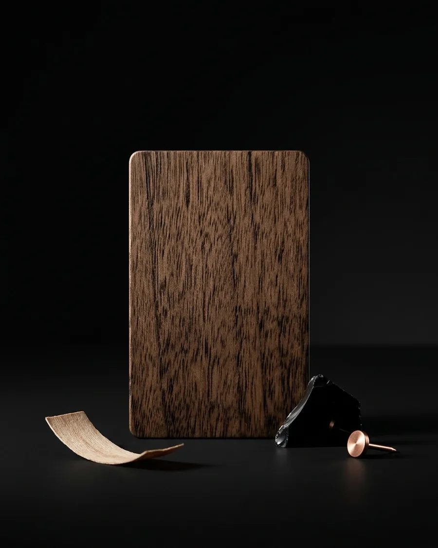 Tarjeta NFC de madera de nogal, de pie sobre una superficie negra junto a una viruta de madera
