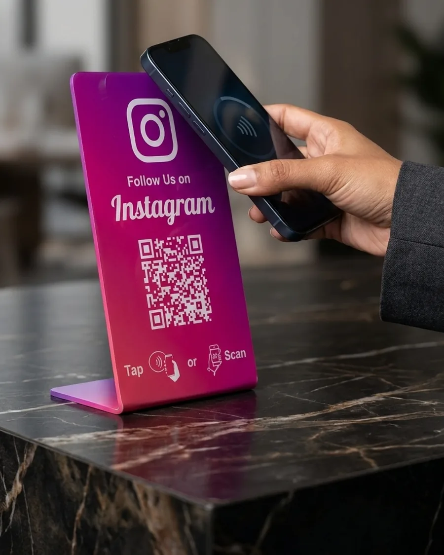 Placa NFC de Instagram sobre un mostrador de mármol, con una persona acercando su teléfono