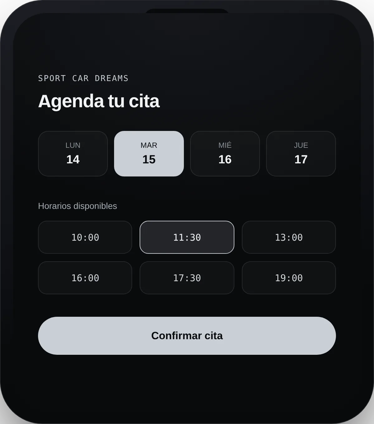 Pantalla para agendar una cita, con selector de día y horarios disponibles