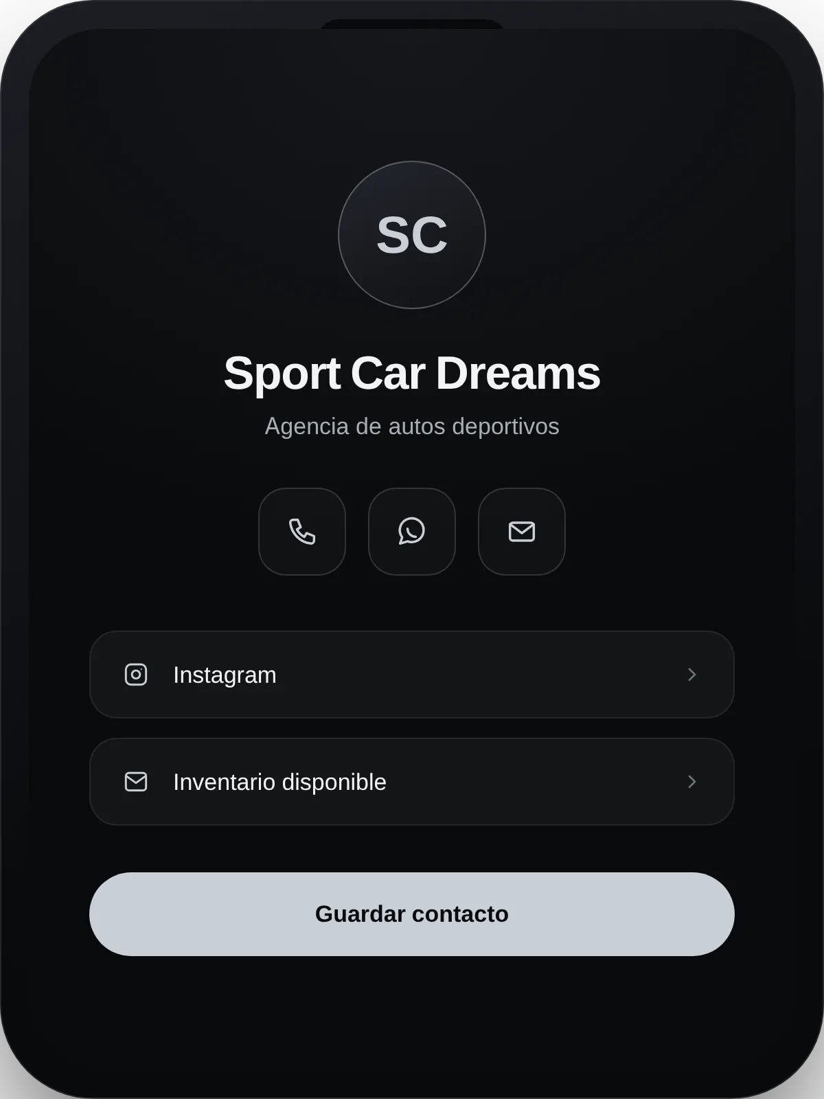 Pantalla de perfil compartido de VantaCard, con botones de llamada, WhatsApp, correo, Instagram e inventario